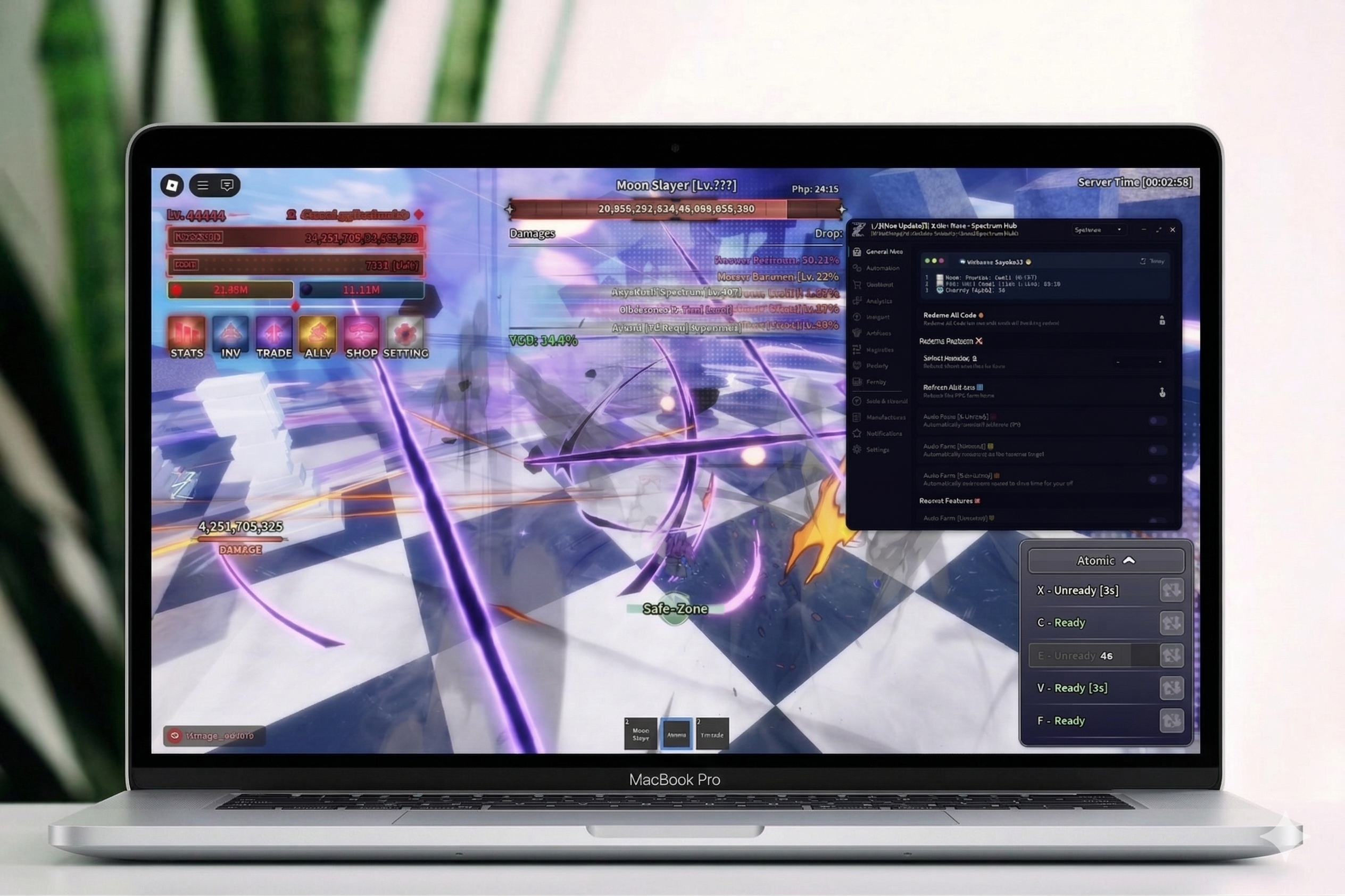 Spectrum Cheat interface shown on a laptop over Roblox gameplay